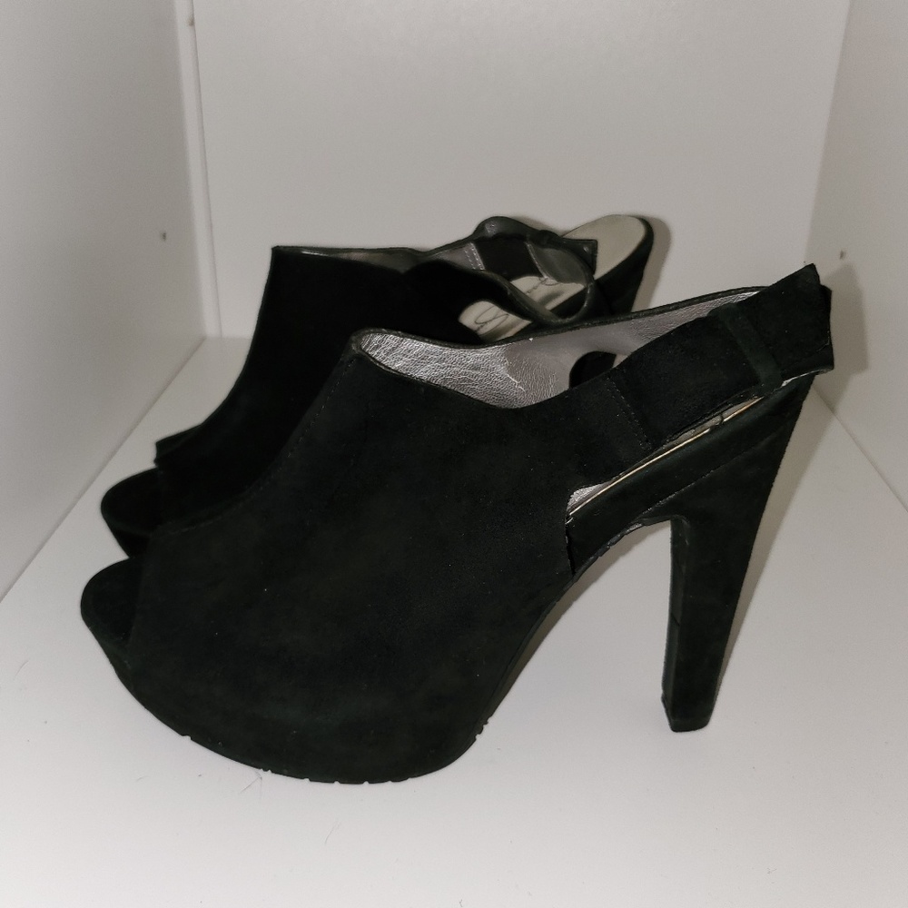 Jessica Simpson black suede peep toe strap back